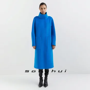 100% кашмир споразумение, кашемировое палта за жени 2024, ново синя вълнена кашемировое палто, дълго висококачествено дизайнерско палто на поръчка
