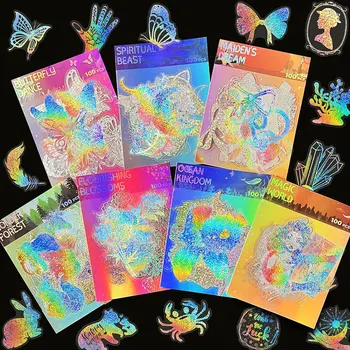 100шт стикери с лазерно светкавица за домашни любимци Magic World Пеперуда, цъфтеж камелия Творчески ретро прозрачни водоустойчиви етикети