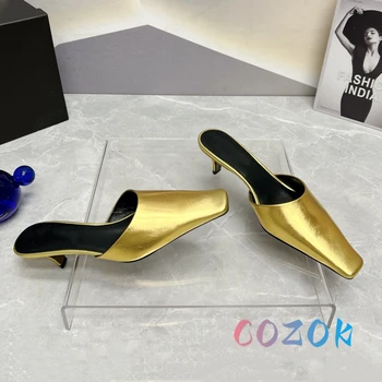 2023 Златни чехли от кожа металик, чехли на висок ток от естествена кожа с квадратни пръсти, летни дамски официални модела обувки