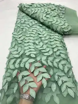 2024 НОВА расшитая мъниста зелената Африканска лейси плат Красив френски тюл лейси кърпа 5 ярда с 3D цветен модел на Сватбената парти YYZ798