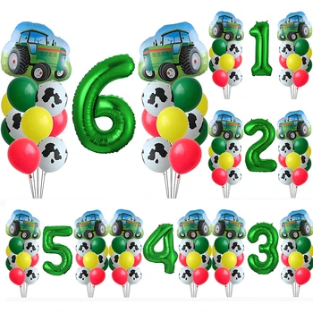 21 бр. Комплект балони с номер на селскостопански трактори, Зелени балони с принтом крави, тема на трактора, украса за парти по случай рождения ден на децата 1, 2, 3