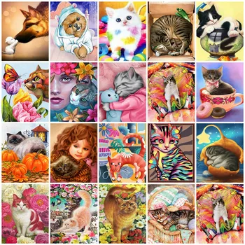 AZQSD Картина по брой Комплекти за домашни любимци и Котки, Ръчно рисувани с маслени бои Рамка 