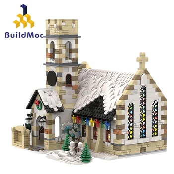 BuildMoc Набор от градивни блокове на Зимната църква на Дядо Коледа, ретро Архитектурната селски тухлена играчка за деца Коледен подарък