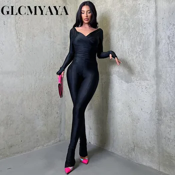 GLCMYAYA, модерен женски комплект от две части, Пролет 2024, Нов монофонични секси комплект с преминаването V-образно деколте, Дълги панталони, Всекидневни комплект дрехи, спортно облекло