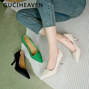 Guciheaven / 2024; сезон пролет-есен; високо качество дамски кожени черни фини обувки на висок ток от мека кожа; модни кожени обувки
