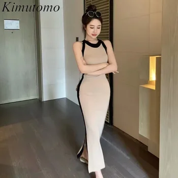 Kimutomo Елегантна рокля-калъф контрастен цвят с разцепени дизайн, вязаное рокля, дамски прости дълги рокли на бретелях без ръкави, Ins New