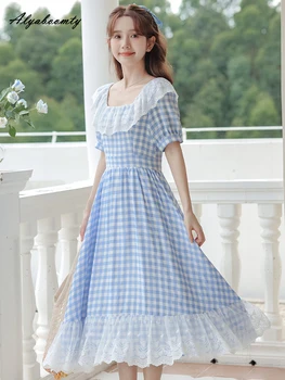 Mori Момиче Лятото-секси синя рокля на принцеса в клетката с квадратна яка, Елегантна женственное рокля с кружевными накъдрен, Сладка рокля Midi Kawai за парти