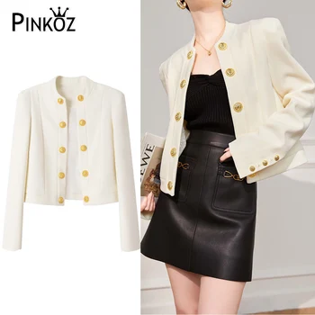 Pinkoz нов дизайн, бежово-бяло сако, двубортный елегантен всекидневен елегантен нос, дамски стилни дрехи реколта