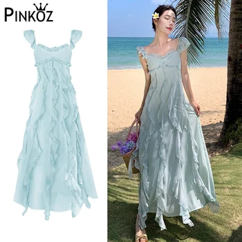 Pinkoz/ пролет-лято светло сини рокли миди с волани за жени на тънки спагети презрамки и без ръкави, дълги панталони, рокли трапецовидна форма, новост