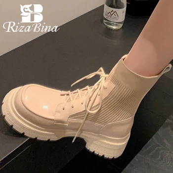 RIZABINA/ Нови дамски ботильоны, работни обувки от естествена кожа с накладки, женски зимните модни къси ботуши Ins, Клубна обувки, Размер 34-39