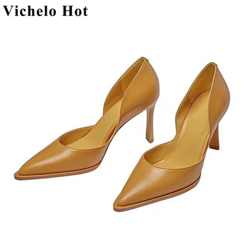 Vichelo/ Горещите летни обувки на дребни подметка ins за парти, чубрица обувки-лодка на много висок ток с остър пръсти от естествена телешка кожа в жълт цвят l02