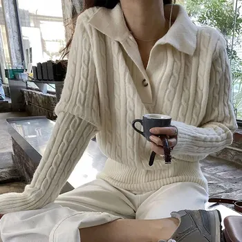WDMSNA Ретро Модерен вязаный пуловер с ревера за жени, свободен ден за ден жилетка с обрат-на модел, Корейски шик Пролетен пуловер с дълъг ръкав