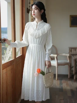 Бяло бархатное рокля в стила на Френския двор, Жена Винтажное рокля Викотрианского дизайн, Дантелено Мозайка рокля, Елегантна дама Midi, дамско рокля Vestidos