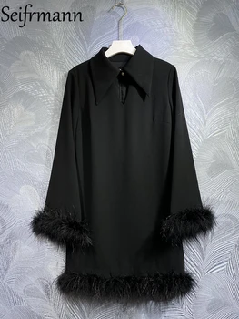Висококачествено лятно дамско модно дизайнерско мини рокля Seifrmann с дълъг ръкав в стил мозайка, черно однотонное рокля с пискюли и принтом