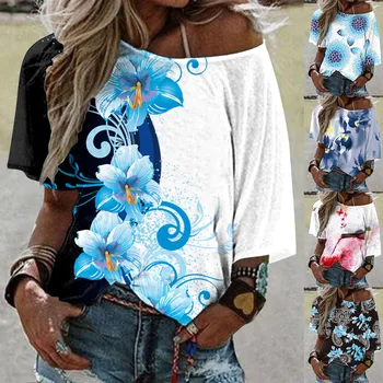 Дамска лятна блуза свободно намаляване в стил бохо, тениска с флорални принтом на едно рамо, дамски блуза
