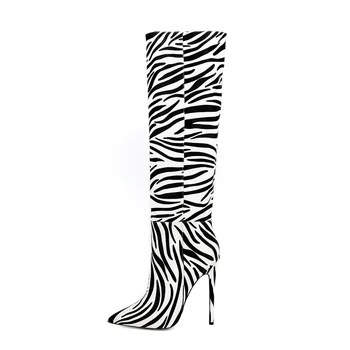 Дамски ботуши до коляното с принтом зебра, многоцветни, лаконичен, елегантни дамски Zapatos Para Mujere, с остри пръсти, на тънък ток, Ботте