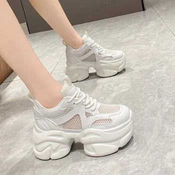 Дамски масивни кожени маратонки на платформа Ulzzang, спортни обувки, летни обувки с дебели подметки, дамски ежедневни обувки на танкетке от дишаща мрежа, 8 см