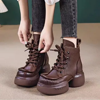 Дамски полусапожки Shangshi от естествена кожа, новост 2024 година, ретро-ръчно изработени обувки с кръгло бомбе, лека Дамски обувки на платформа на дебела подметка
