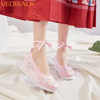 Дамски удобна памучен обувки Hanfu на скрита танкетке Veowalk 3 см, дамски обувки за cosplay, в ретро стил върху платформа с китайската бродерия