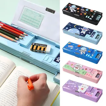 Двуслойни молив случай с калкулатор, Острилка за моливи, кутия за съхранение на канцеларски материали, пластичен дизайн астронавти / животно