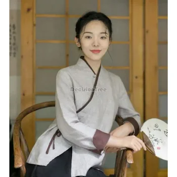 Есен 2023 г., на традиционния памучен бельо реколта блуза в китайски стил, костюми tang, реколта блуза hanfu, дамски топ в стил кимоно a635