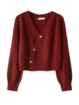 Есенно-зимна жилетка с наклонена пуговицей, пуловер с V-образно деколте, Женски възли блузи с дълъг ръкав, Корейски Свободен обикновен вълнен пуловер за жени