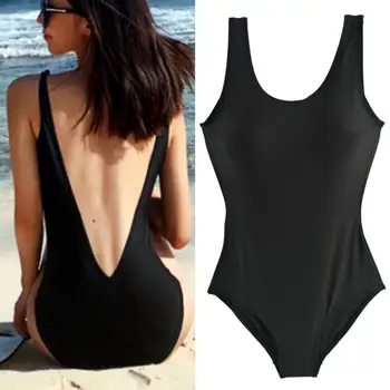 Жена едно парче мек черен бански костюм без ръкави с U-образно деколте и без подплата, бански, бански костюми за лятото на плажа и басейна