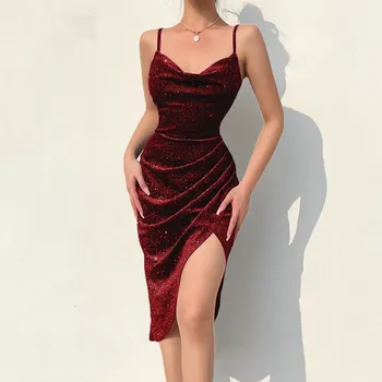 Жена корсетное рокля на спагети презрамки сатен с цепка отстрани и пайети, дебнещ рокля за рожден ден, сексуална коктейлни рокли за официални партита, Vestidos