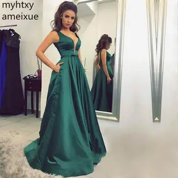 Зелени и дълги рокли за абитуриентски бал 2023, атласное вечерна рокля с V-образно деколте и с отворен гръб, Vestido De Феста, с големи размери, бала