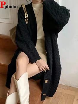 Корейски модерен дебели плетива, жилетка, всекидневни пуловер с дълъг ръкав, Женски нови есенно-зимни палта, Свободни възли жилетки средна дължина