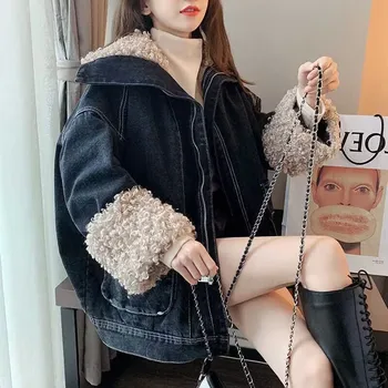 Корейски якета за жени 2023, Есен / зима, нова плюшен и дебел деним яке, женски палто с големи джобове