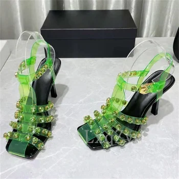 Летни сандали със секси декорации от прозрачно PVC с квадратни пръсти, вечерни сандали на висок ток с каишка на щиколотке, Дамски обувки за нощен клуб