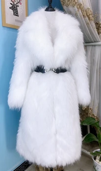 Луксозно Зимно дълго палто от естествена кожа заек 2024 г. с яка от лисьего кожа, Дебели топли модерни дамски палта