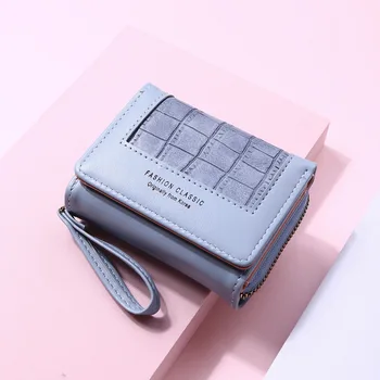 Модерен женски кратък чантата си в квадратна клетка, чанта с цип с няколко карти, за жени, модерен текстурный 3-те пъти портфейл за монети