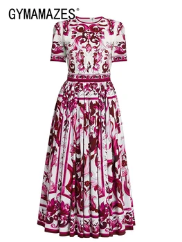 Модерни цветни рокли GYMAMAZES с кръгло деколте, къс ръкав, плисета с висока талия, Лятна рокля, дамски модни дрехи 2023 година.