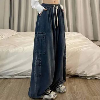Модни извънгабаритни дънки с висока талия и широки штанинами, женски улични ежедневните свободни панталони Harajuku, персонални панталони Denin с множество джобове