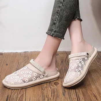 Мрежести сандали със затворени пръсти, Пролет и лято 2023, дамски чехли с цветя модел на дебела подметка в бохемски стил, ежедневни сандали