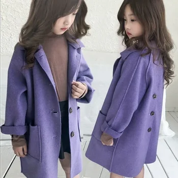 Нови есенни вълнени, зимни палта за момичета, комбинирана яке, двустранно синтетично палто със средна дължина, ежедневни бебешки дрехи, детски дрехи
