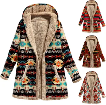 Новост зимата 2023 г., дамски пуловер с качулка от памук и коноп с принтом, топло палто плюшевое