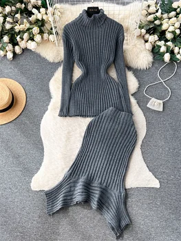 Обикновен вязаный комплект от две части, дамски зимни поло, отгоре с дълъг ръкав, пола Миди с еластична талия, модерен, топъл пуловер, костюм