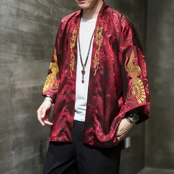 Облекло в китайски стил Мъжки къс ветровка от ледената коприна Hanfu Ancient Daopao Coat Традиционен топ, свободна яке с дълъг широк ръкав