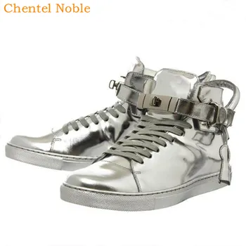 Обувки на плоска подметка от лачена кожа Chentel Noble, Мъжки Ежедневни обувки, Маратонки 2019 г., Модни мъжки обувки с метален ключ на глезена, Цвят Сребро, Златни