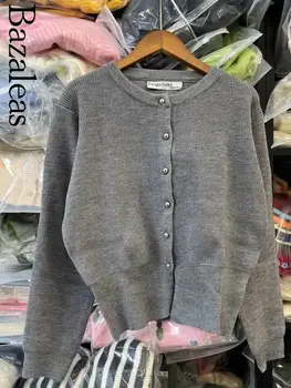 Официален интернет магазин Bazaleas Трафика 2024, основно палта за жени, Елегантна вязаное палто, сива жилетка, пуловер с кръгло деколте.