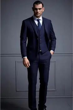 Официално Смокинги най-новия дизайн на Високо Качество С Деколте На ревера и Две копчета Тъмно синьо, 4 предмета в пакет (Яке + Панталон + Елек + Вратовръзка), Костюм Homme Terno