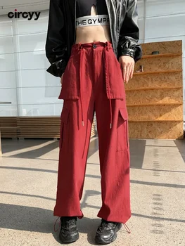 Панталони-карго, дамски модни ежедневни панталони с висока талия, копчета, с завязками, дизайнерски джобове по цялата дължина, прави широки панталони