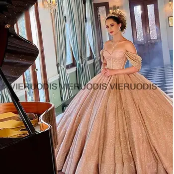 Розови буйни рокли за парти, за абитуриентски бал, луксозни пайети с открити рамене, бална рокля, пищни рокля, реалното изображение