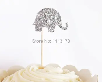 Сребърни блестящи топперы за кексчета във формата на слон - рождени Дни, Партита, Сватби, Украса, topper за кексчета във формата на бебе душ 24шт