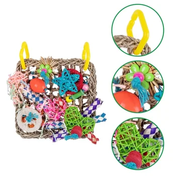 Стенни играчка за хранене на птици, сплетен от морска трева мат-хамак за катерене с цветни играчки за дресура неразлучников, чинки.