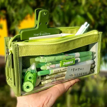 Студентски Шестислойная Прозрачна чанта за писалки зелен цвят, Проста кутия за моливи, Подарък органайзер за творчески канцеларски материали за обучение
