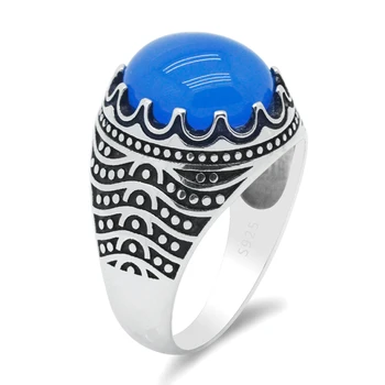 Турското Мъжки пръстен с естествен Син агатом, Мъжки пръстени от сребро 925 проба, Исторически сгради, Тайландски сребърни бижута подарък